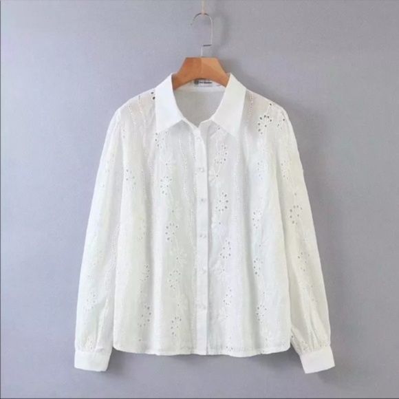 Boho embroidered eyelet pearl button up top Mint - Picture 8 of 14